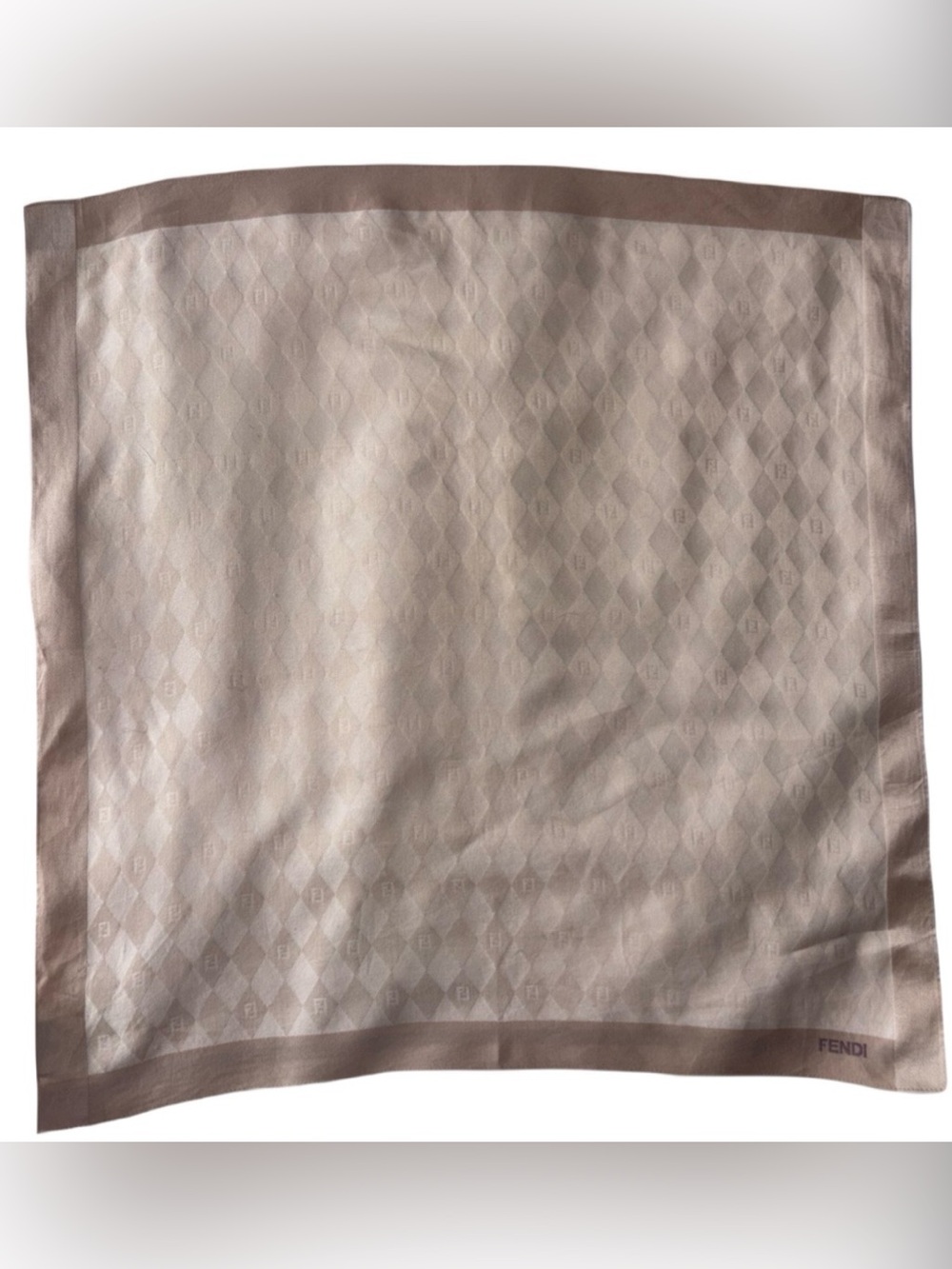 Vintage Fendi 18.5” Square Cotton Taupe & Ivory Scarf, Diamond Pattern Like New